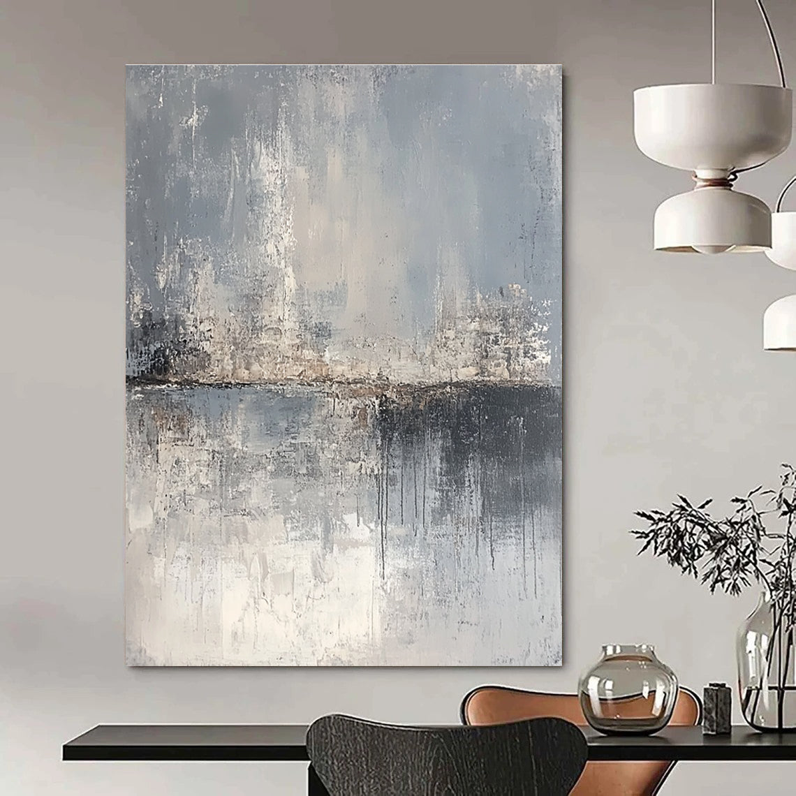 Large abstract painting depicting a serene landscape in gray and beige tones, featuring canvas texture and an atmospheric quality.STSC063