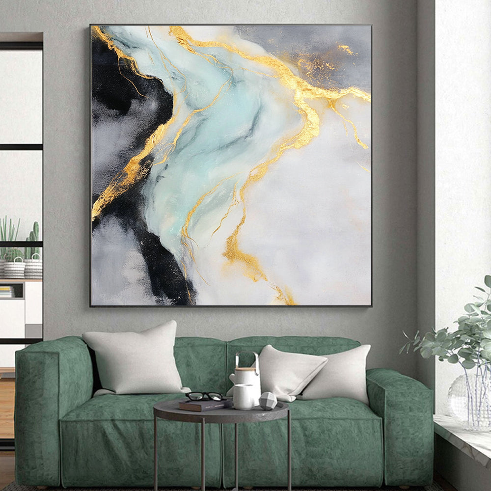 Gold Blue Gray Abstract Painting with Flowing Gold Lines GER740