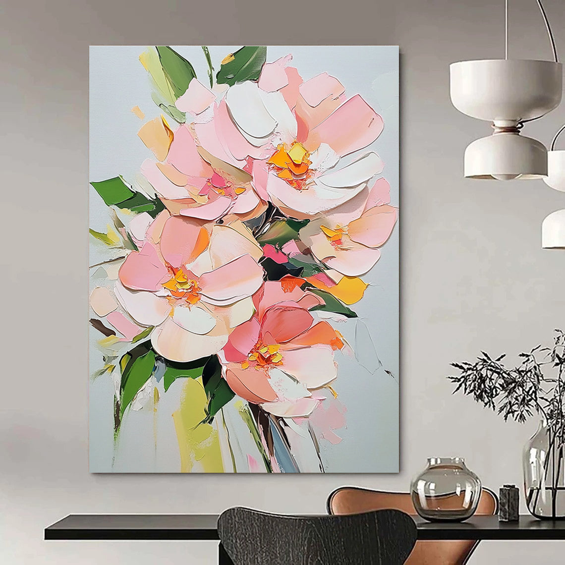 Large abstract painting featuring pink flowers and green leaves on a white background created with acrylic techniques.STSC1412