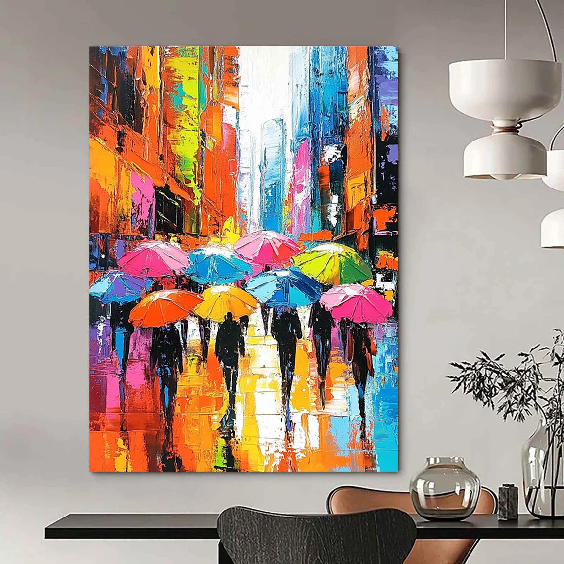 Large abstract painting depicting vibrant city streets with people under colorful umbrellas and skyscrapers emphasizing expressive faces and dynamic brushstrokes.STSC849