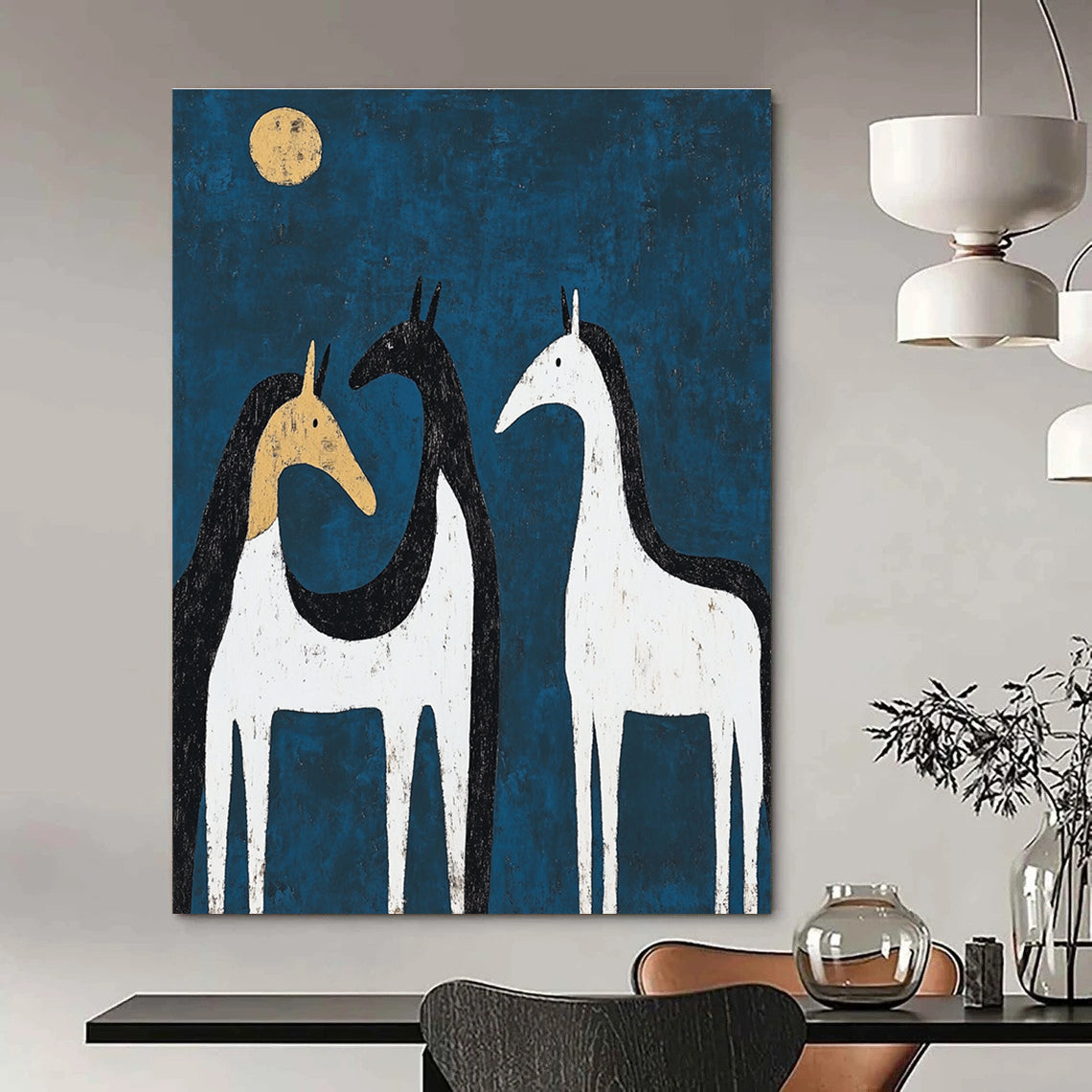 Abstract painting of three black and white horses in moonlight with a hint of yellow on one back, featuring minimalist shapes and textures.STSC072