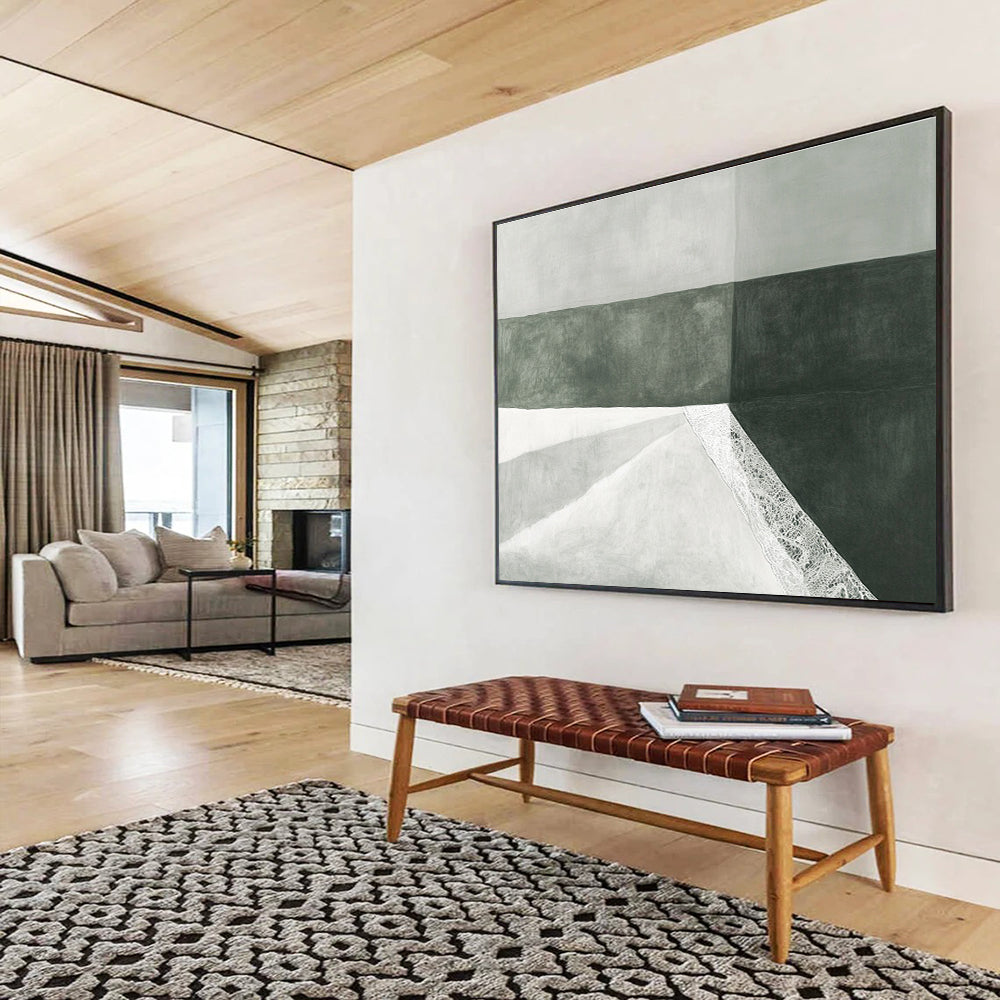 A large abstract drawing features a white fabric bag with lace on green paper against a subtle gray background, showcasing minimalist elegance and soft lighting.SC462