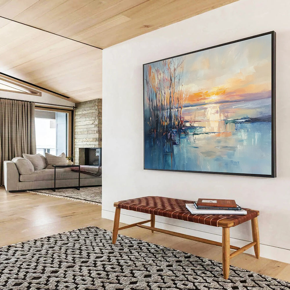 Sunset Lake with Bare Trees Abstract Landscape Painting DYP292