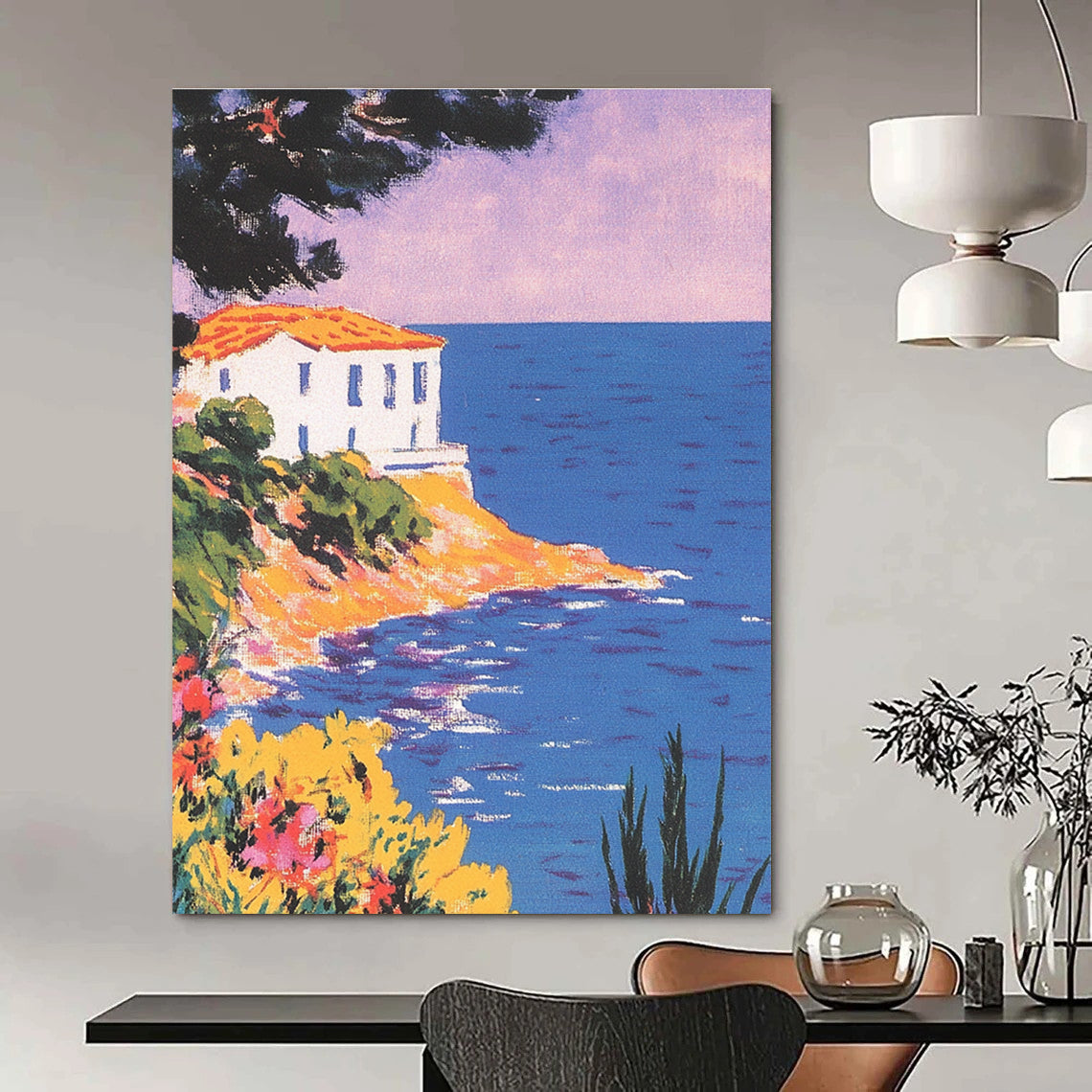 A large abstract painting featuring a vintage postcard of the Mediterranean coast with pastel colors and a stunning purple-blue sky.STSC1228