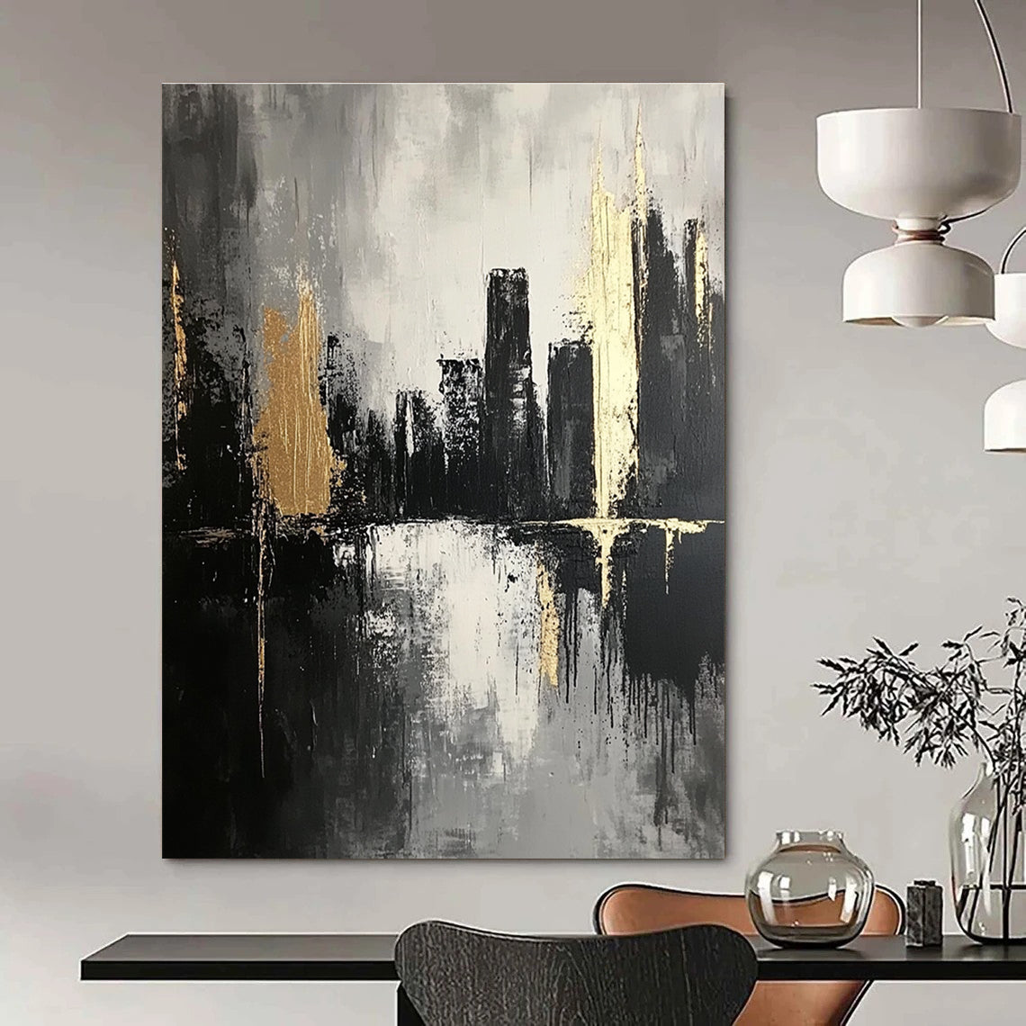 Large abstract painting featuring thick brush strokes in dark grays and subtle gold highlights creating an atmospheric monochromatic cityscape on canvas.STSC020