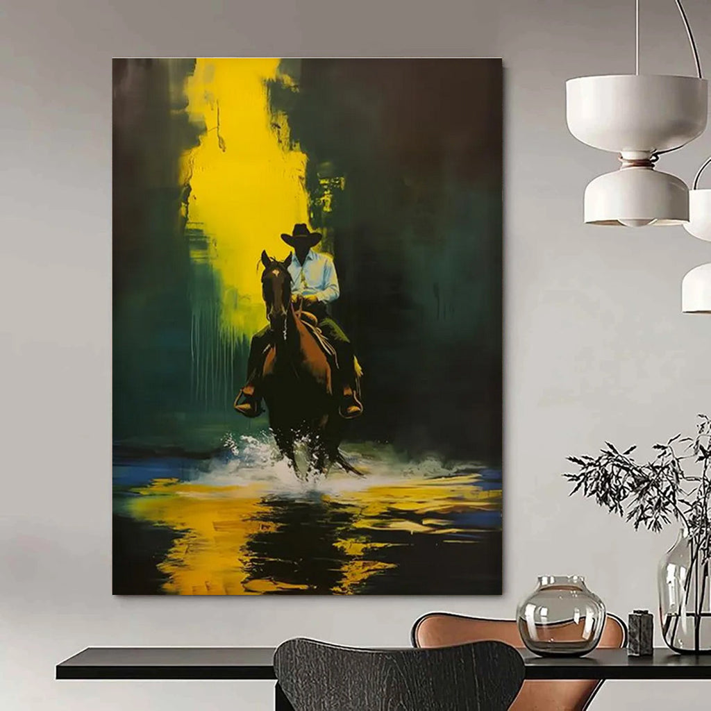 Cowboy on Horse in Yellow and Green Abstract Painting ADGE104