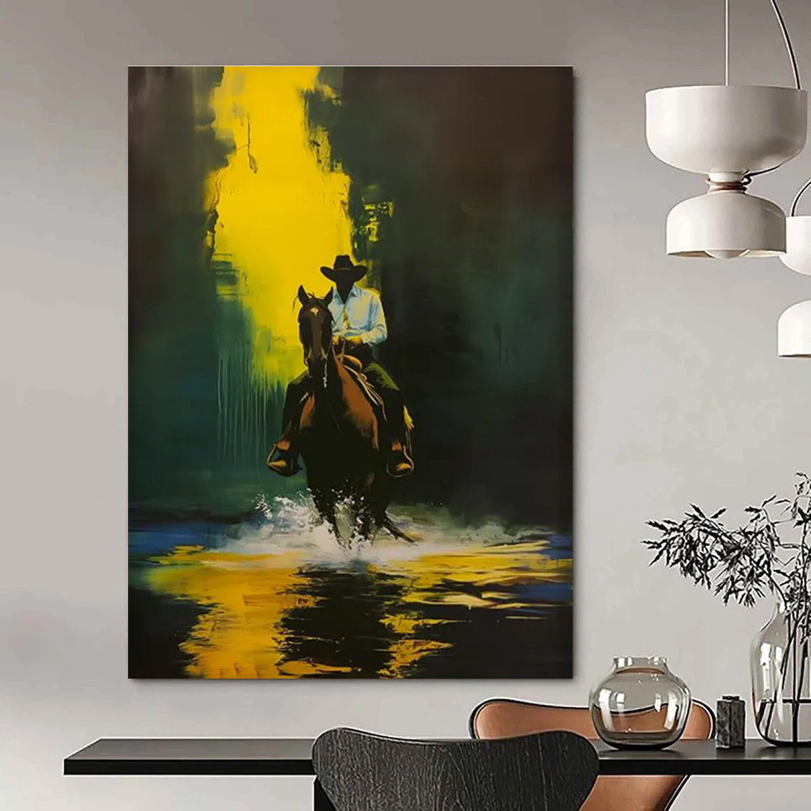 Cowboy on Horse in Yellow and Green Abstract Painting ADGE104