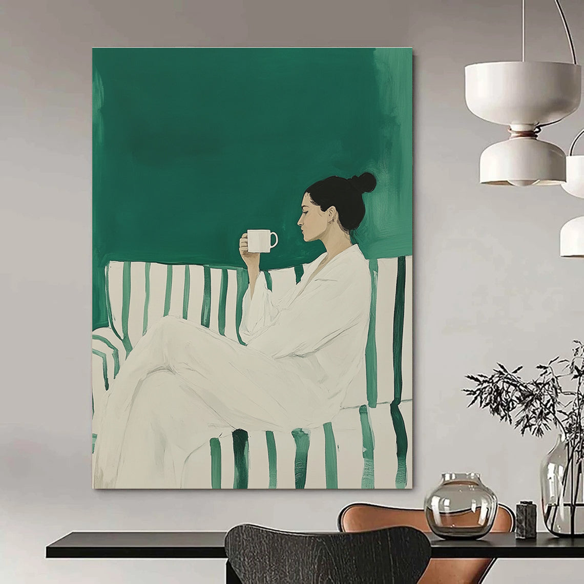Large abstract painting featuring a woman in a white robe on a striped sofa holding a coffee mug against a green background.STSC1494