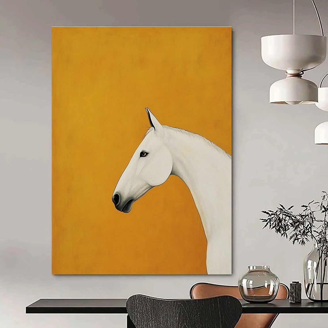 A large abstract painting featuring a minimalist white horse in profile against an orange background inspired by Kazumasa Nagai and Egon Schiele.STSC1348