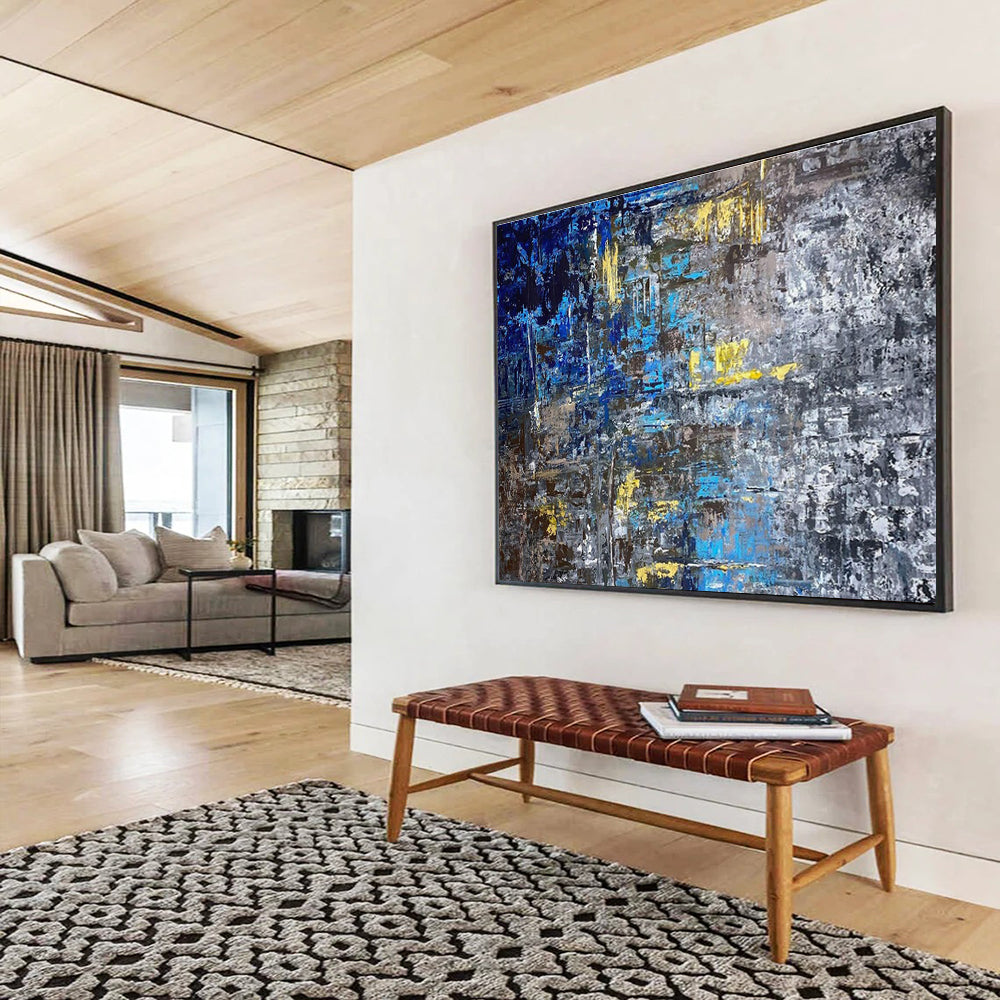 Blue Yellow Gray Abstract Painting with Urban, Industrial Inspirations THY379