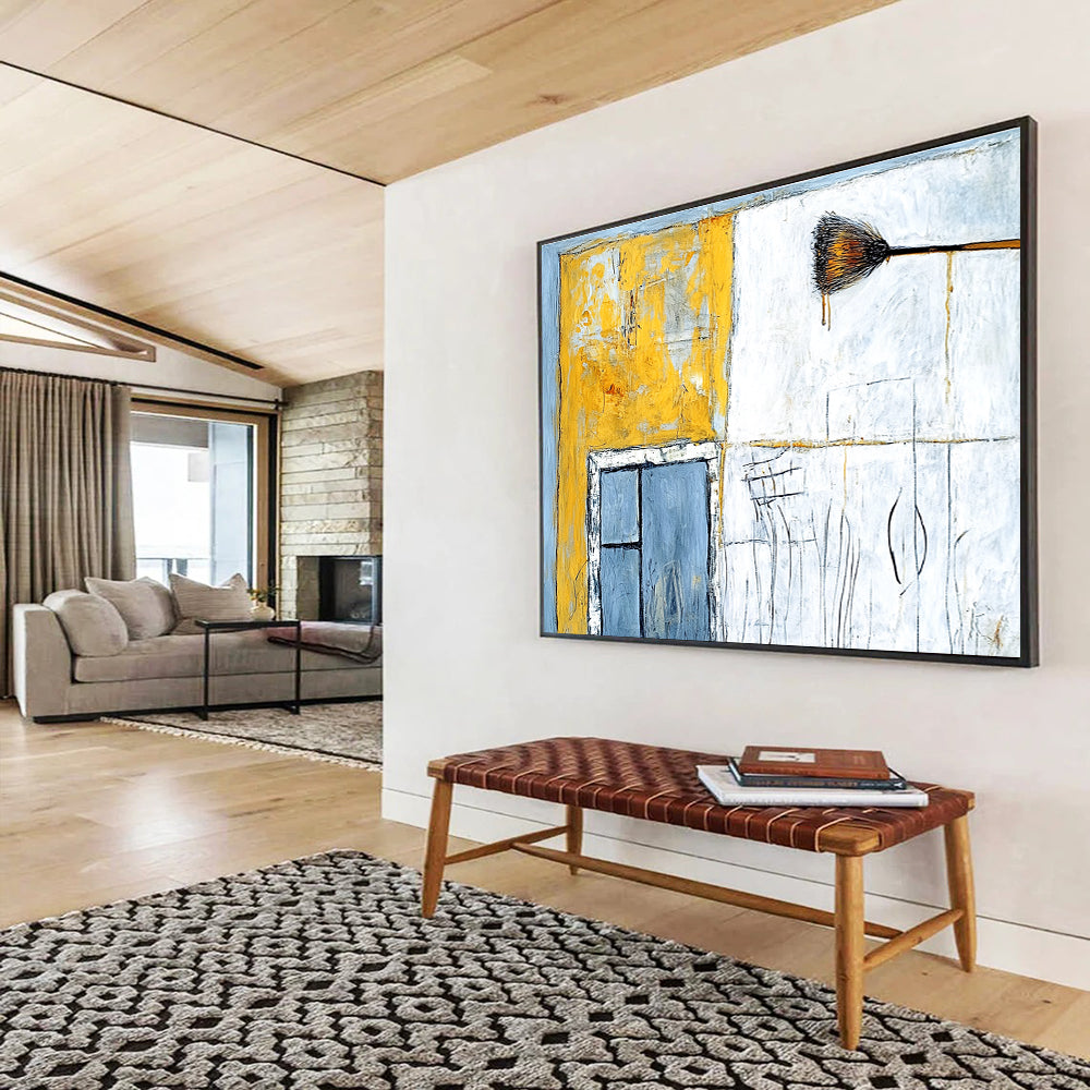 Large abstract painting featuring an old building in yellow and white with an open window and light blue wall details.SC164