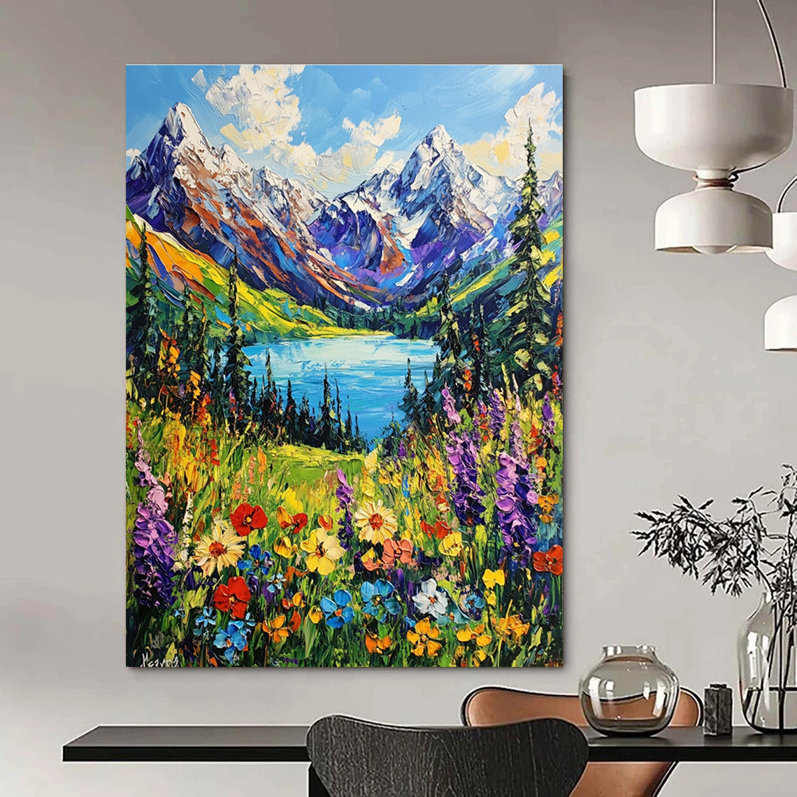 A large abstract painting capturing snow-capped mountains vibrant wildflowers and a serene blue lake in British Columbia's lush landscape in impressionistic style.STSC1225