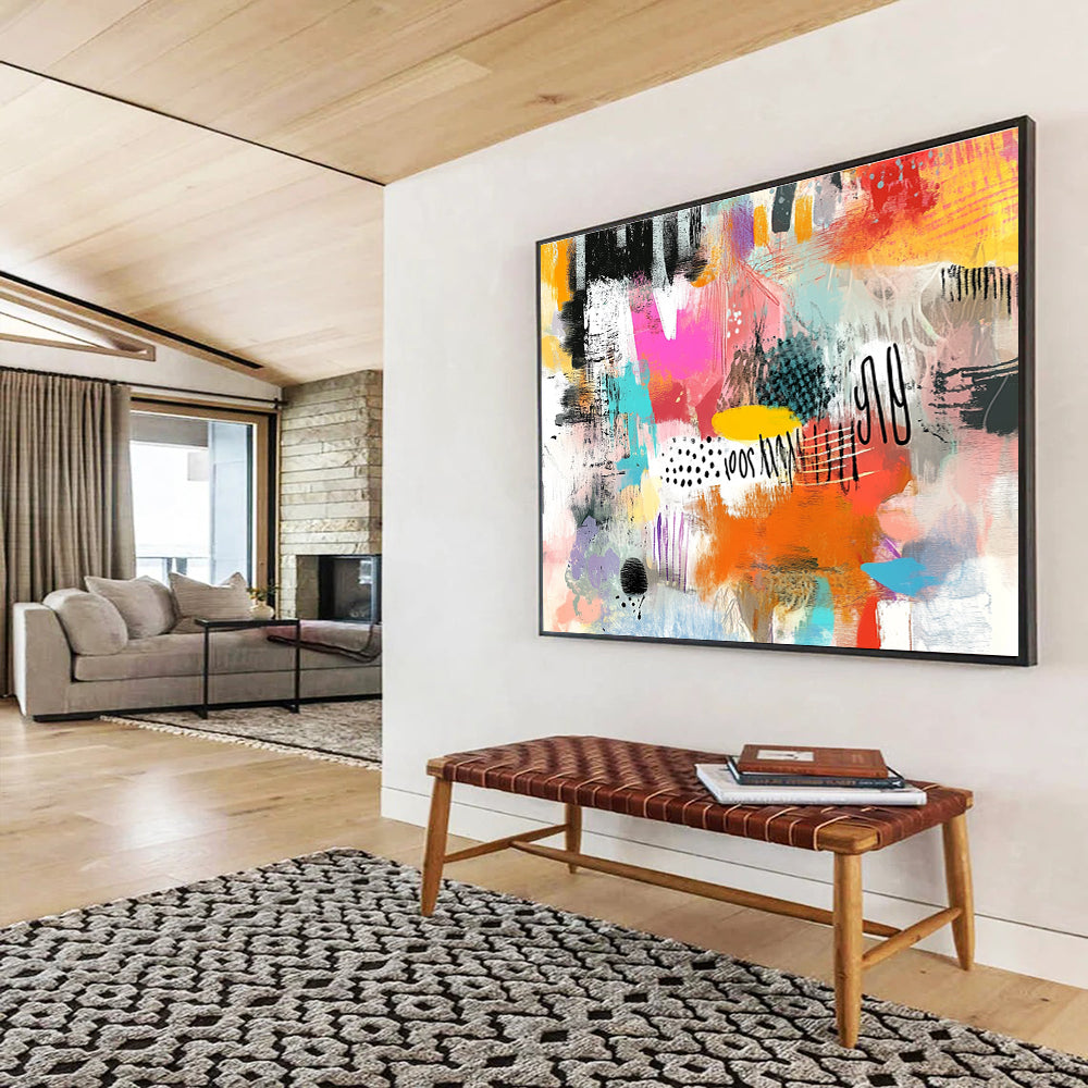 A large abstract painting featuring vibrant colors bold strokes dynamic shapes playful elements and a lively essence reflecting contemporary youth culture.SC508