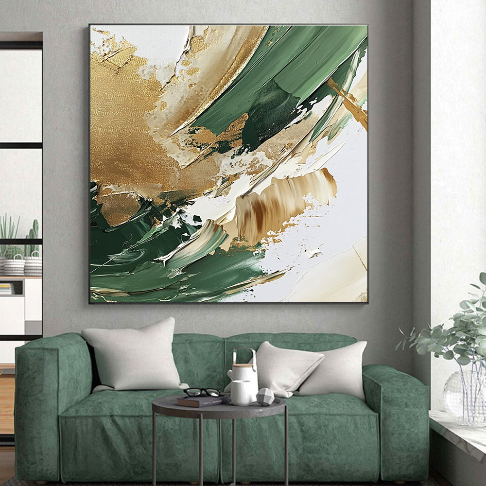 Green Gold and Beige Abstract Painting with Thick Textures GER647