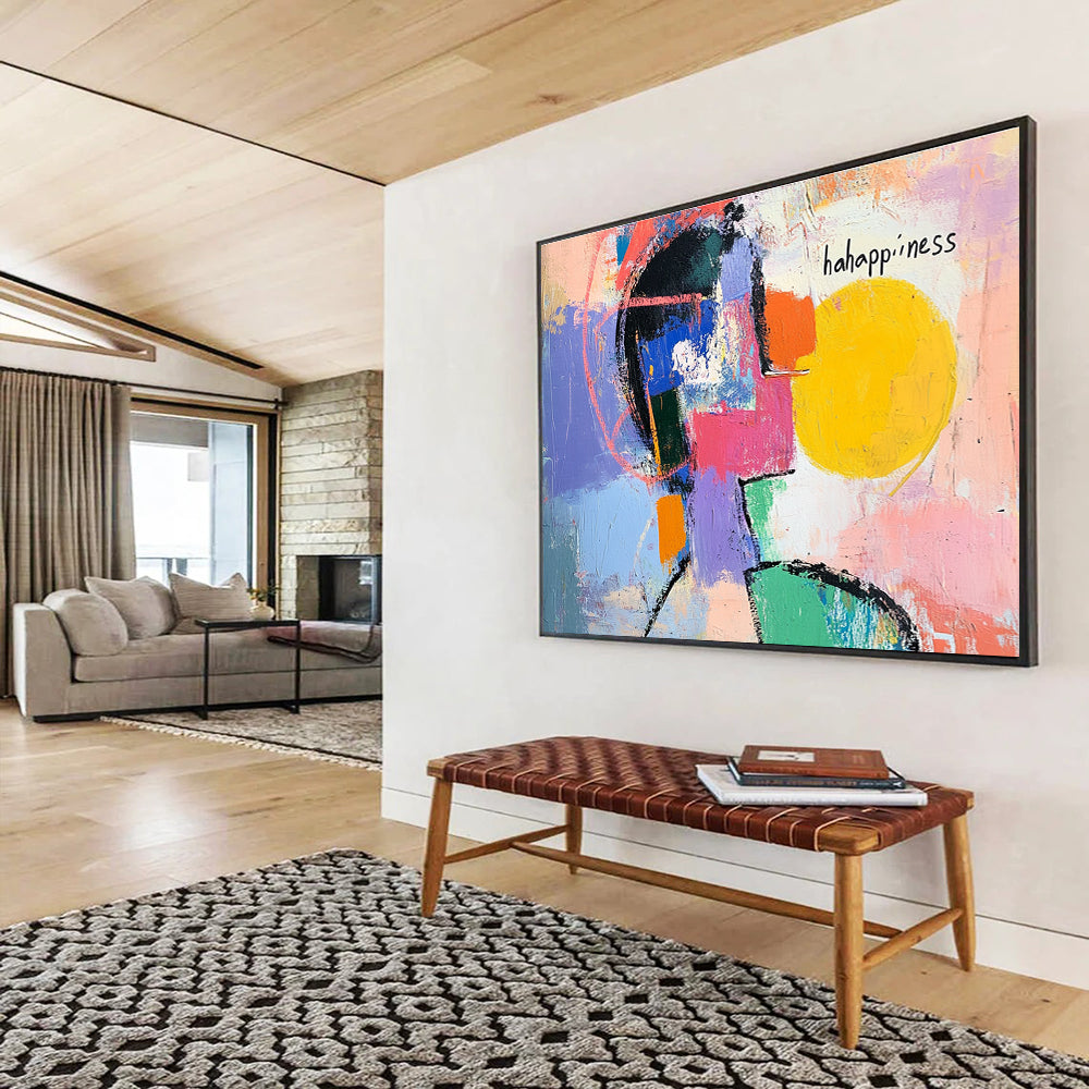 Large abstract painting showcasing vibrant colors with a bright circle silhouette and expressive lines conveying movement and emotion, featuring happiness in white ink.SC359