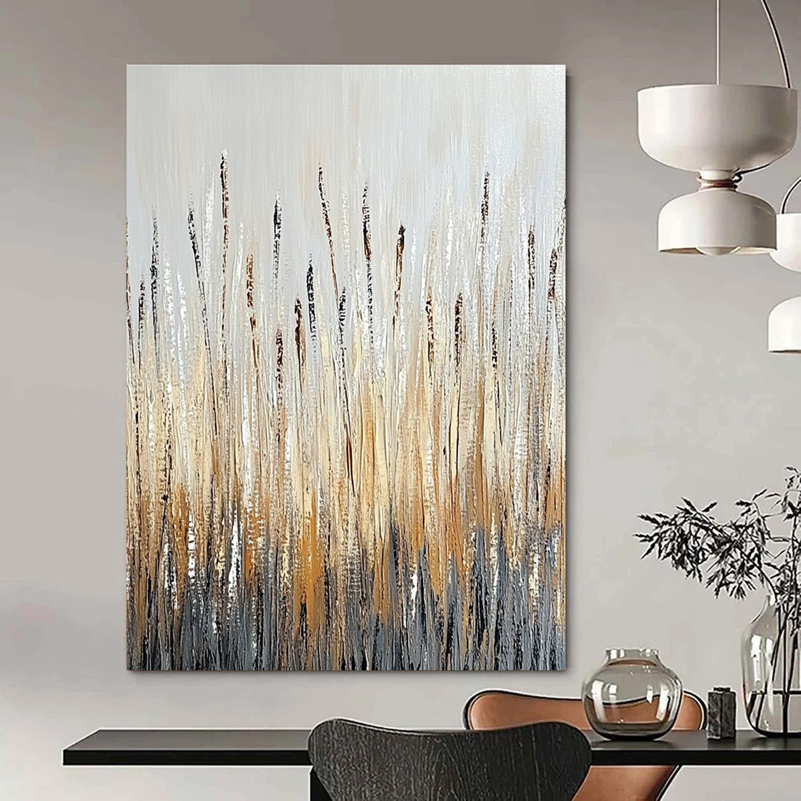 Large abstract painting of tall grass in earthy tones with textured brushstrokes and water droplets against a neutral gray background evoking nature's tranquility.STSC337