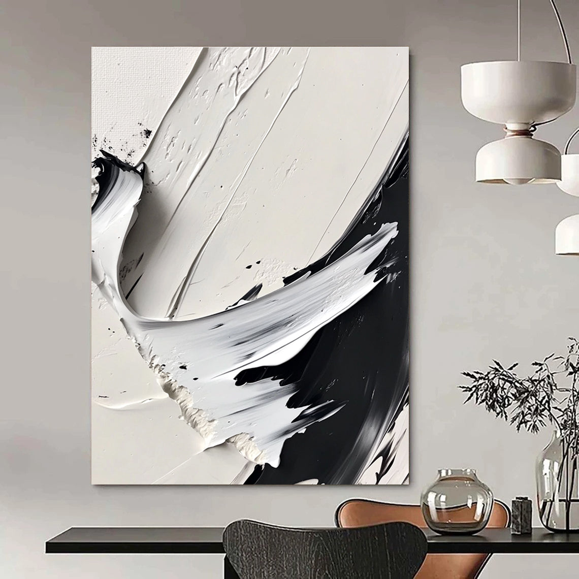 Large abstract painting featuring dynamic brush strokes in monochrome, high contrast, sharp edges, and soft blurred areas creating depth and texture.STSC507