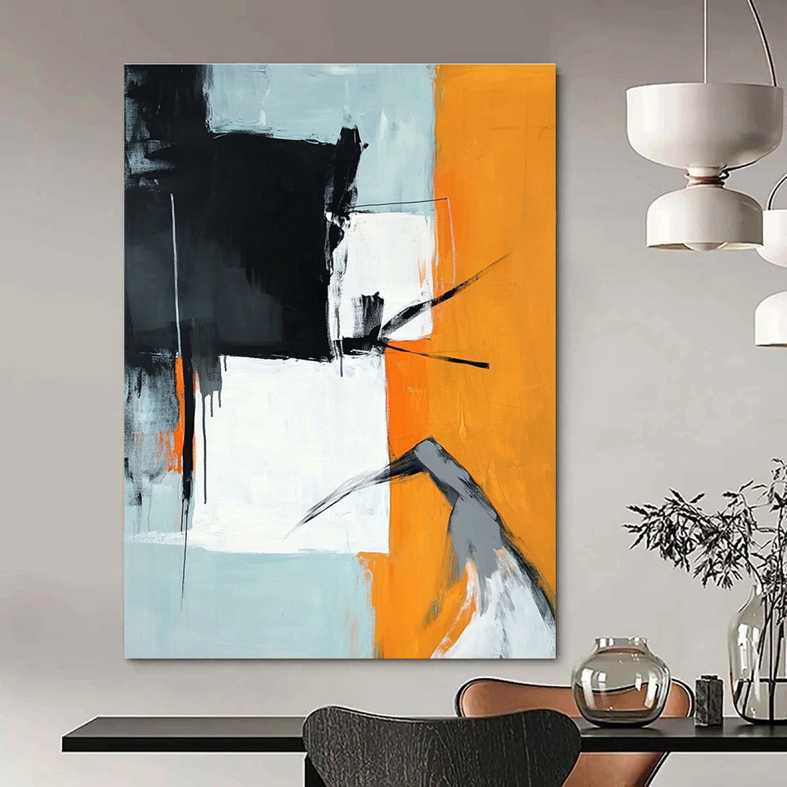 Large abstract painting in orange black and white featuring a grey figure reaching down against a light blue background.STSC725