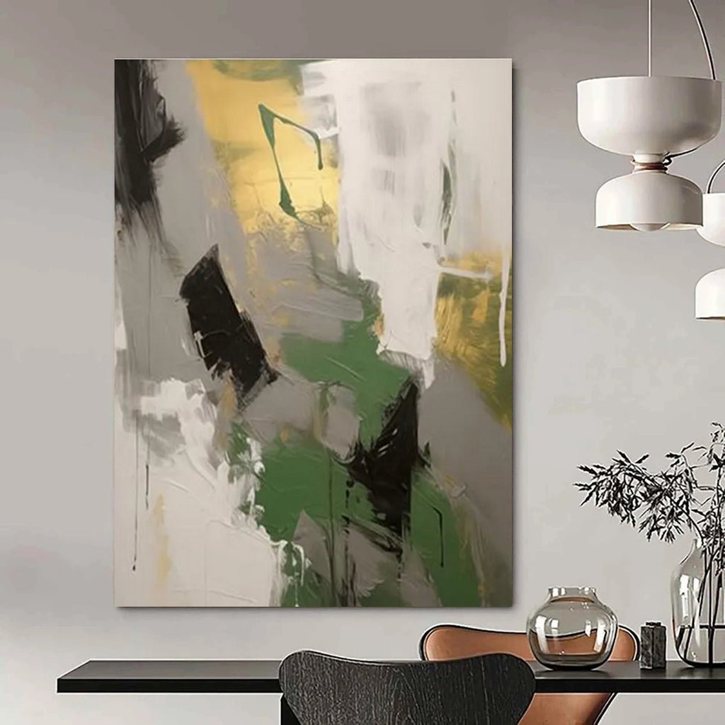 Green, Gray, and Gold Abstract Painting with Dynamic Brushstrokes ADGE115