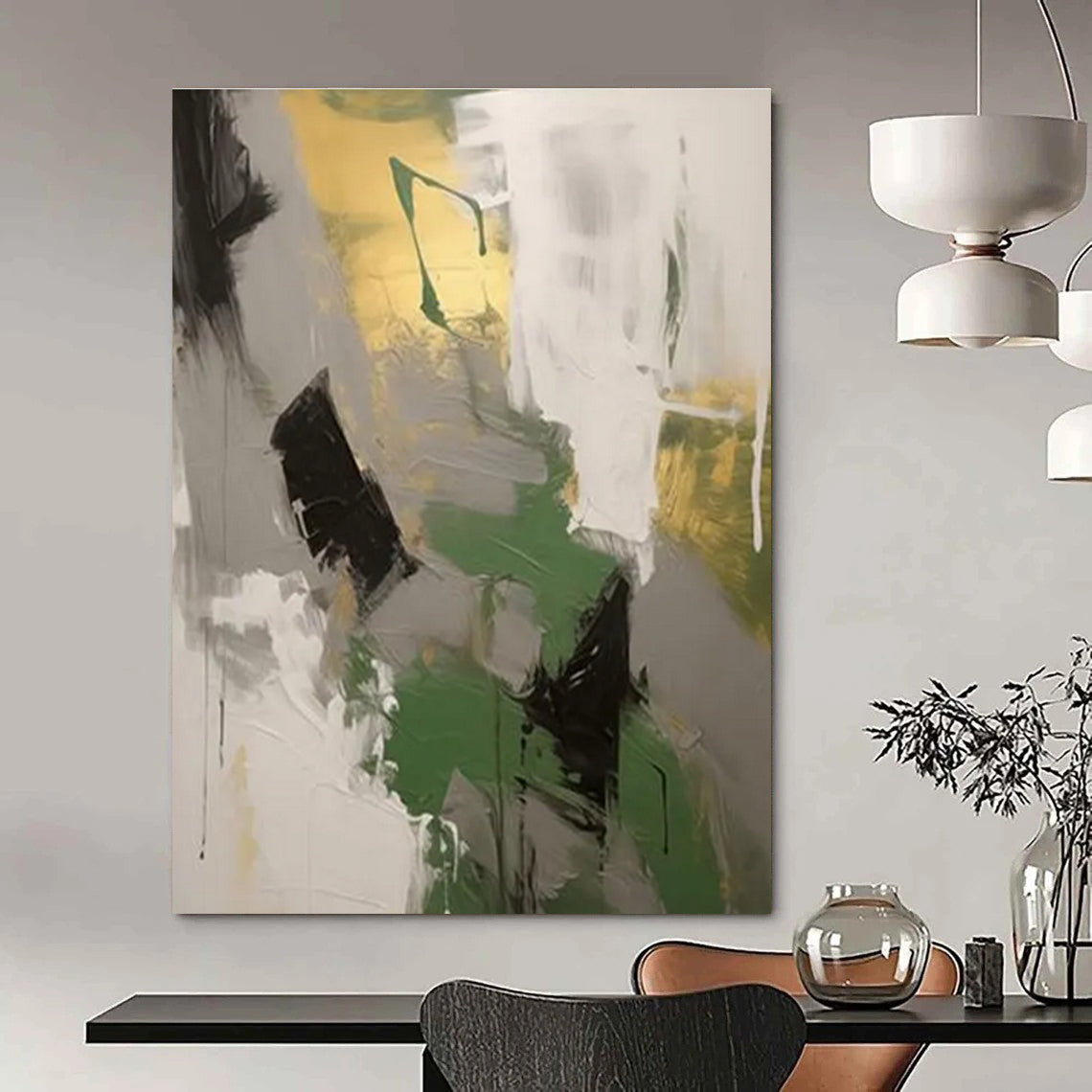 Green, Gray, and Gold Abstract Painting with Dynamic Brushstrokes ADGE115