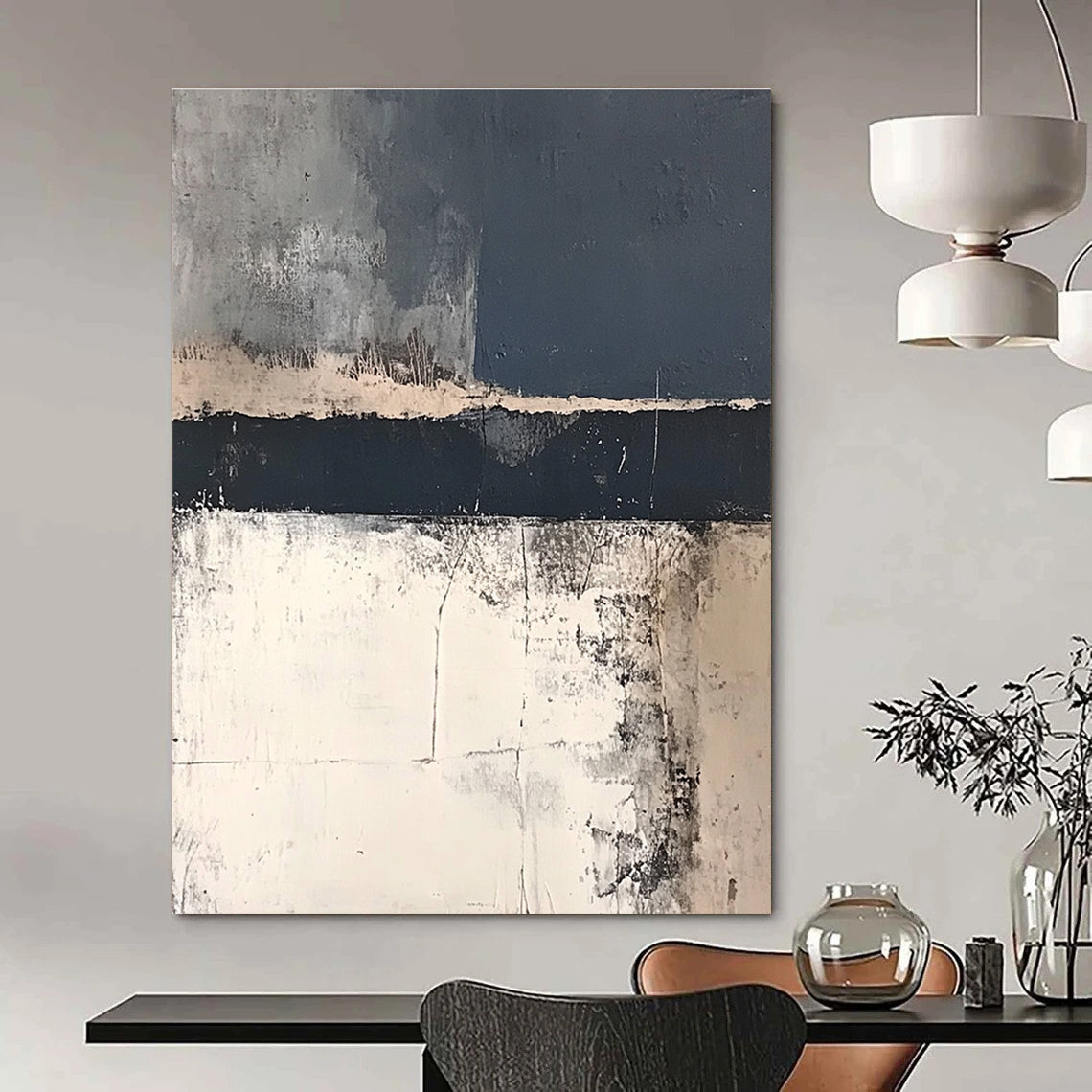Large abstract painting in dark gray and navy blue with hints of white and beige depicting a distant old battle scene on the English coast.STSC217