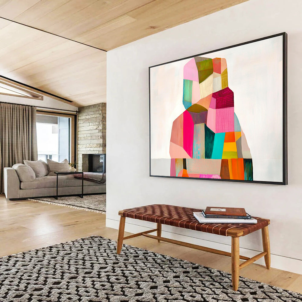 A large abstract painting with geometric shapes in pastel tones capturing the essence of the body against a soft white background.SC354