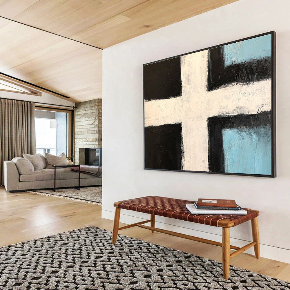 Abstract painting featuring a bold black and white cross with light blue accents and thick brush strokes in a minimalistic style.SC168