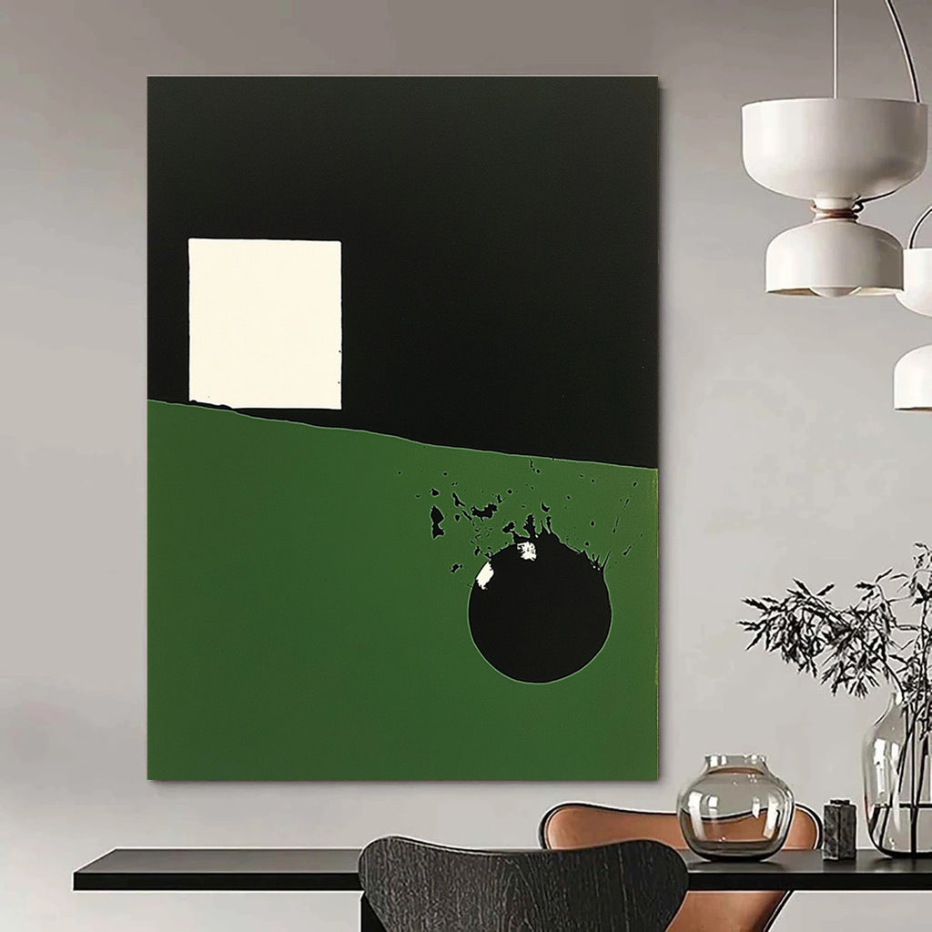 Large abstract painting featuring dark green and black shapes a white irregular square and a prominent circle with black overlay.STSC130