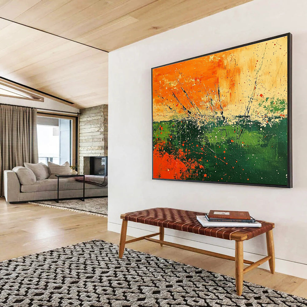Abstract landscape featuring vibrant orange and green hues with textured brush strokes and splattered paint adds a unique touch to any space.SC090