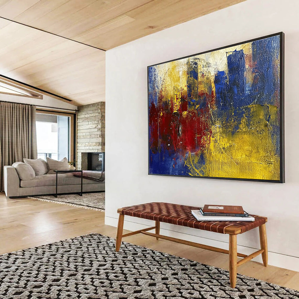 Textured Cityscape Abstract Painting with Blue Red and Yellow DYP515