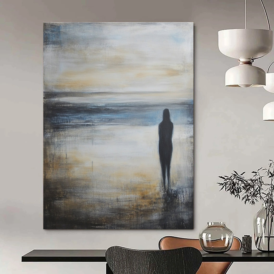 Large abstract oil painting of an empty beach at sunrise featuring calm sea and sky in grey blue and beige shades.STSC586