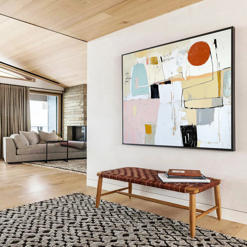 Large abstract painting featuring soft pastel colors, textures, and geometric forms with a prominent red circle and scribbled black text.SC041