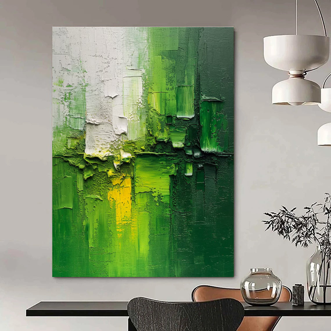 Green Yellow White Textured Abstract Painting ADGE003