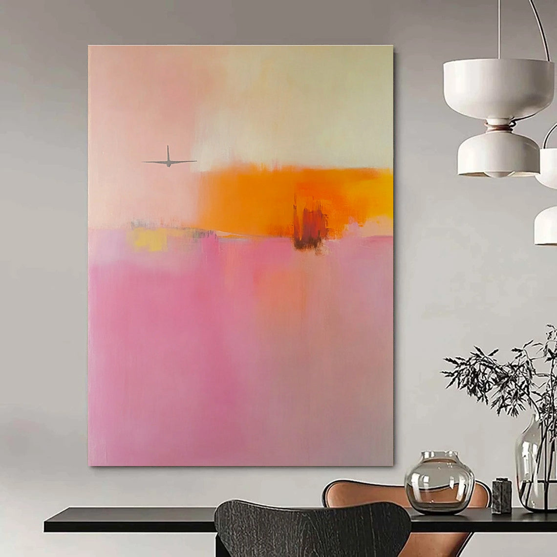 Large abstract painting in soft pink orange and yellow tones featuring blurred edges and an airplane shape in a minimalist style.STSC789