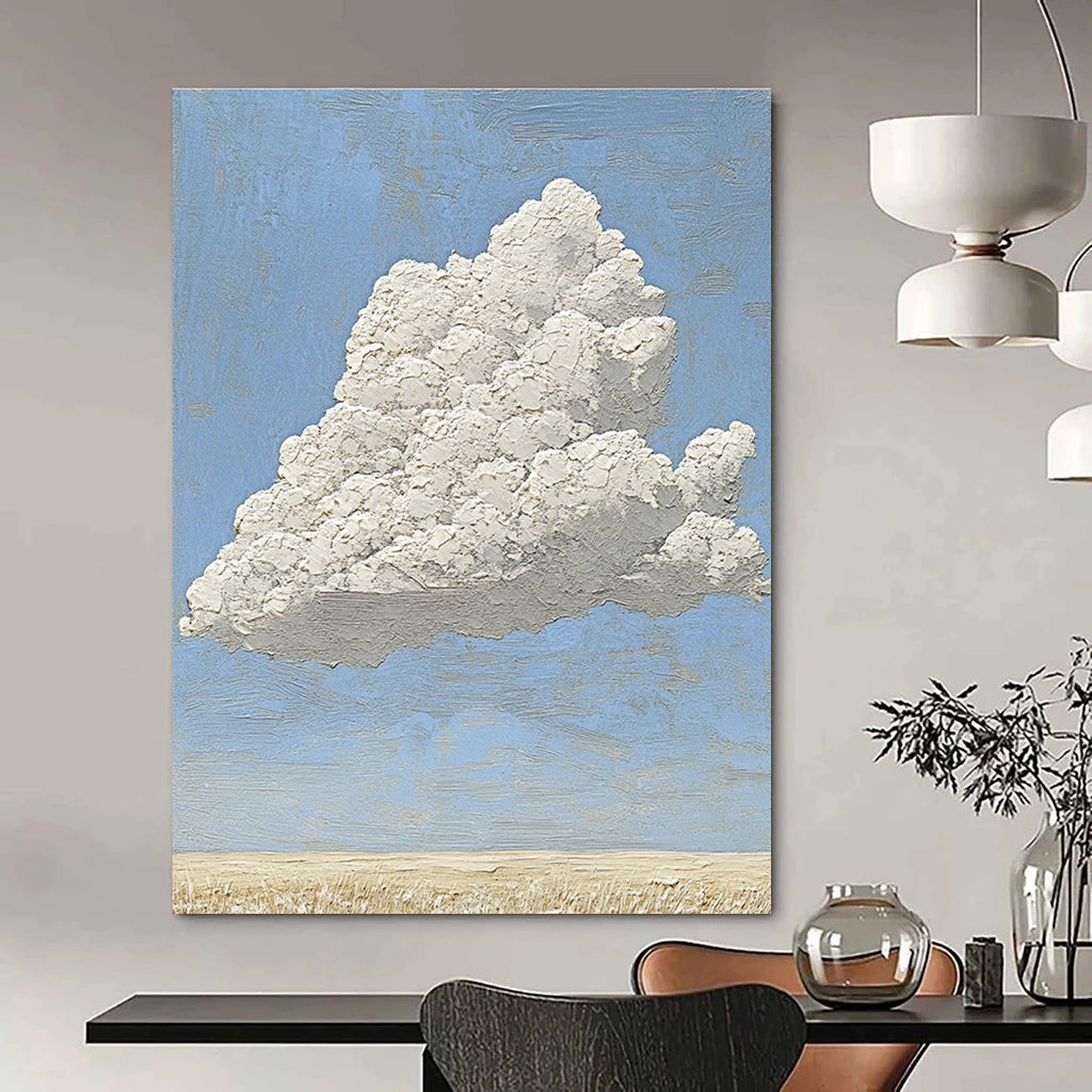 A large abstract painting featuring a textured white cloud above an empty field with soft natural light and professional color grading.STSC1035