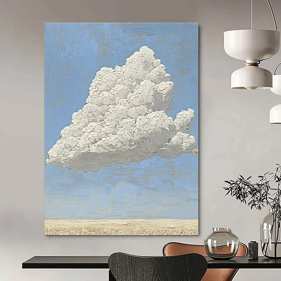 A large abstract painting featuring a textured white cloud above an empty field with soft natural light and professional color grading.STSC1035