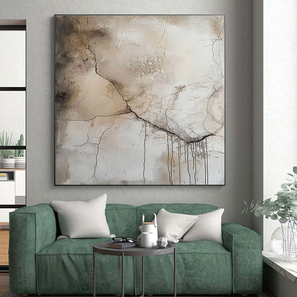 Beige and Gray Abstract Painting with Dramatic Cracks GER565