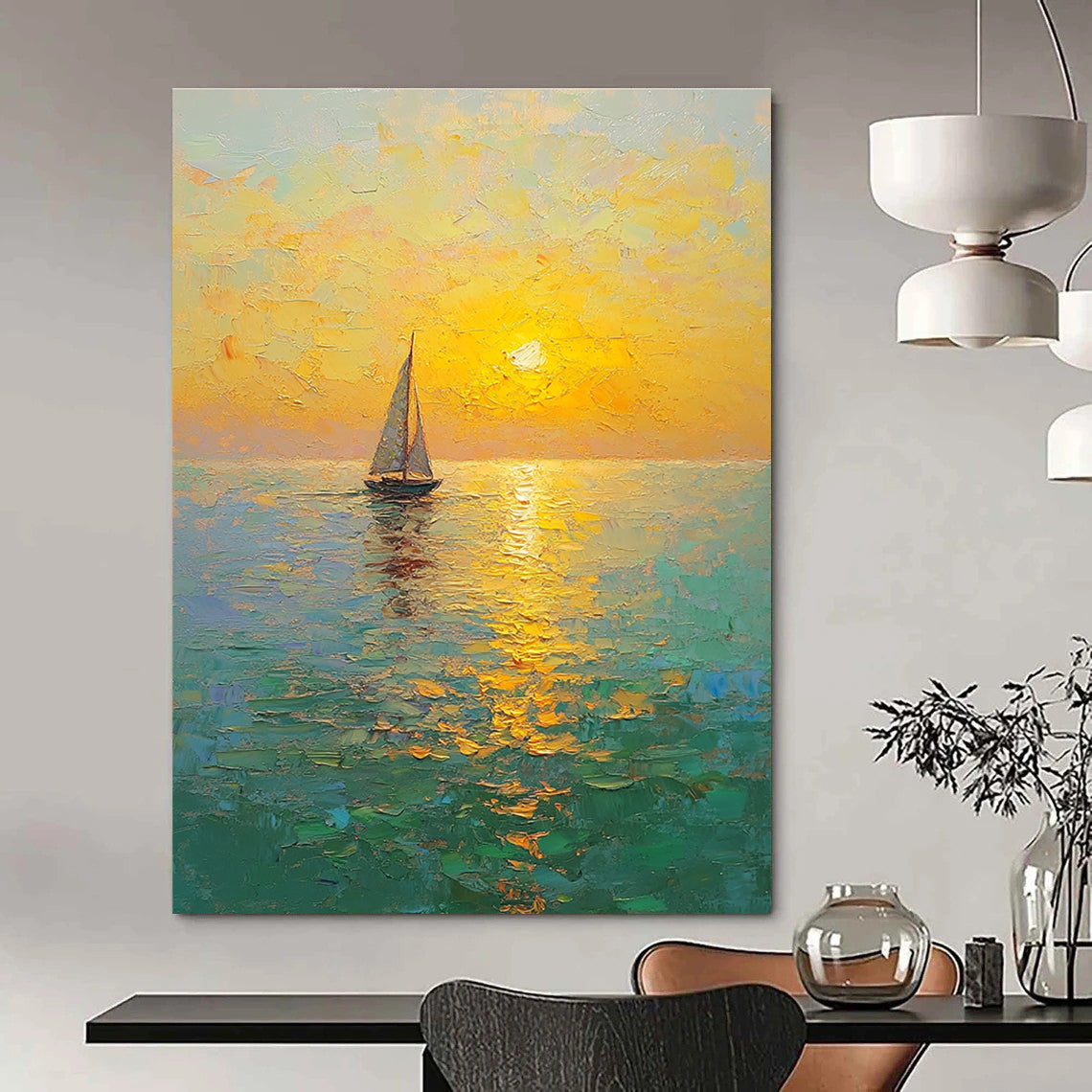 Large Abstract Painting of a golden sunset over the sea with sailboat textured brush strokes and a tranquil atmosphere of yellow-green and light blue.STSC1296