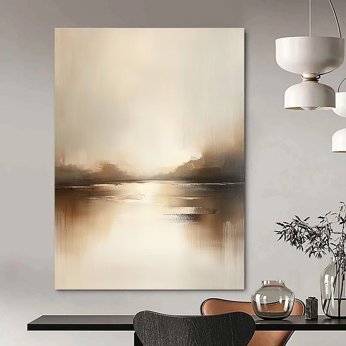 Large abstract painting featuring a serene lake in muted tones of beige and gray with soft edges and minimalist style, evoking tranquility and calmness.STSC091
