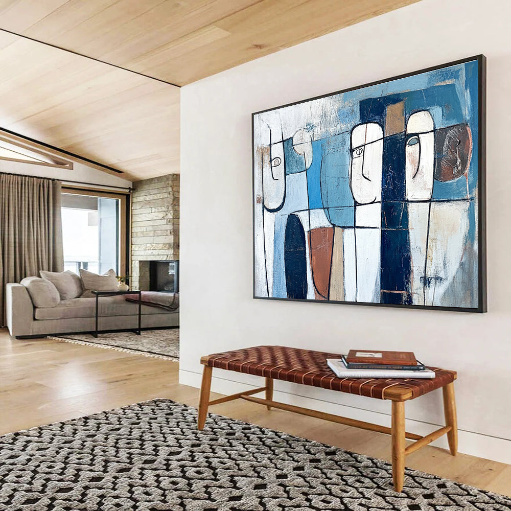 Geometric Faces Abstract Painting with Blue and Earthy Tones DYP348