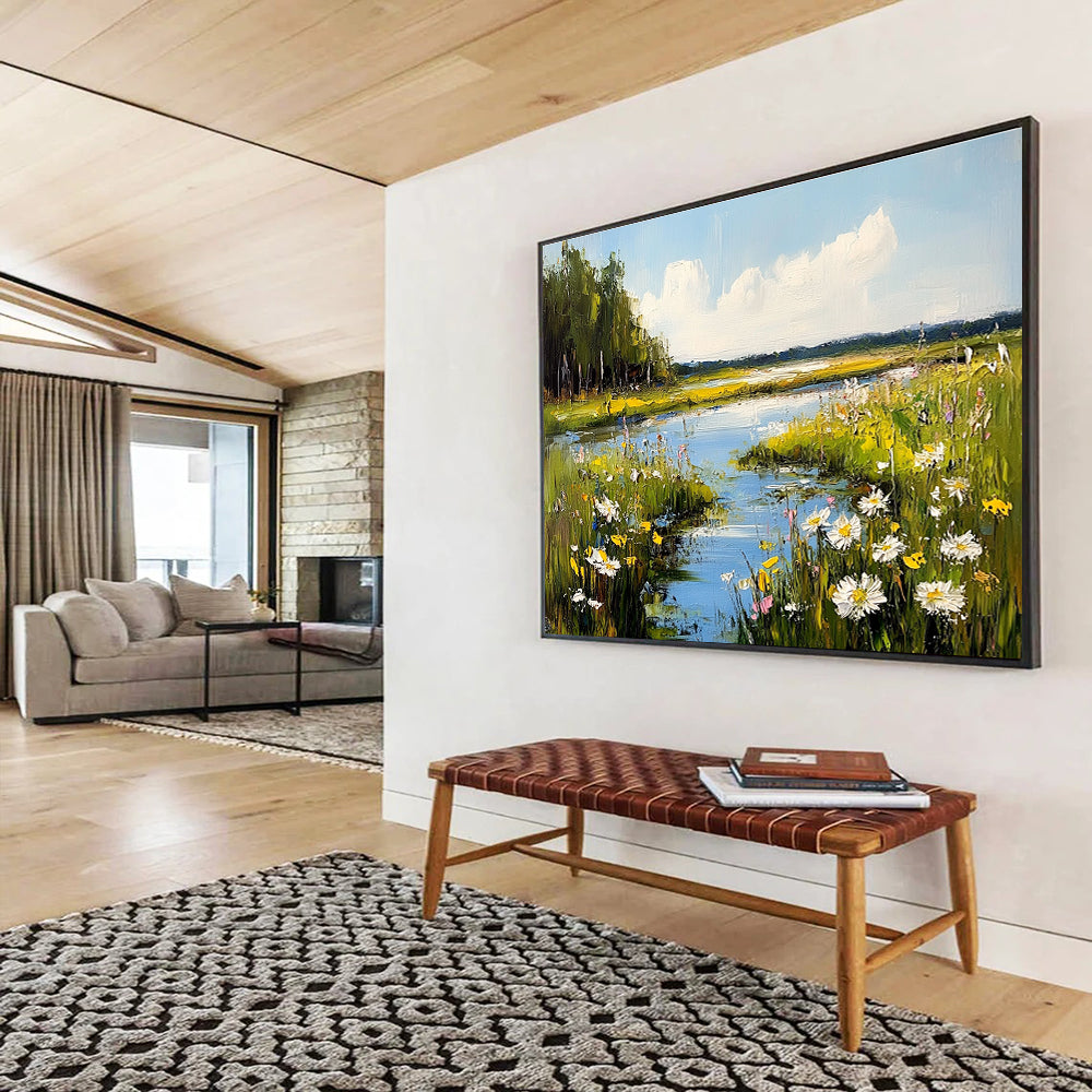 Abstract painting featuring a serene meadow with wildflowers and a reflective river under a sunny sky enhanced by gentle clouds.SC600