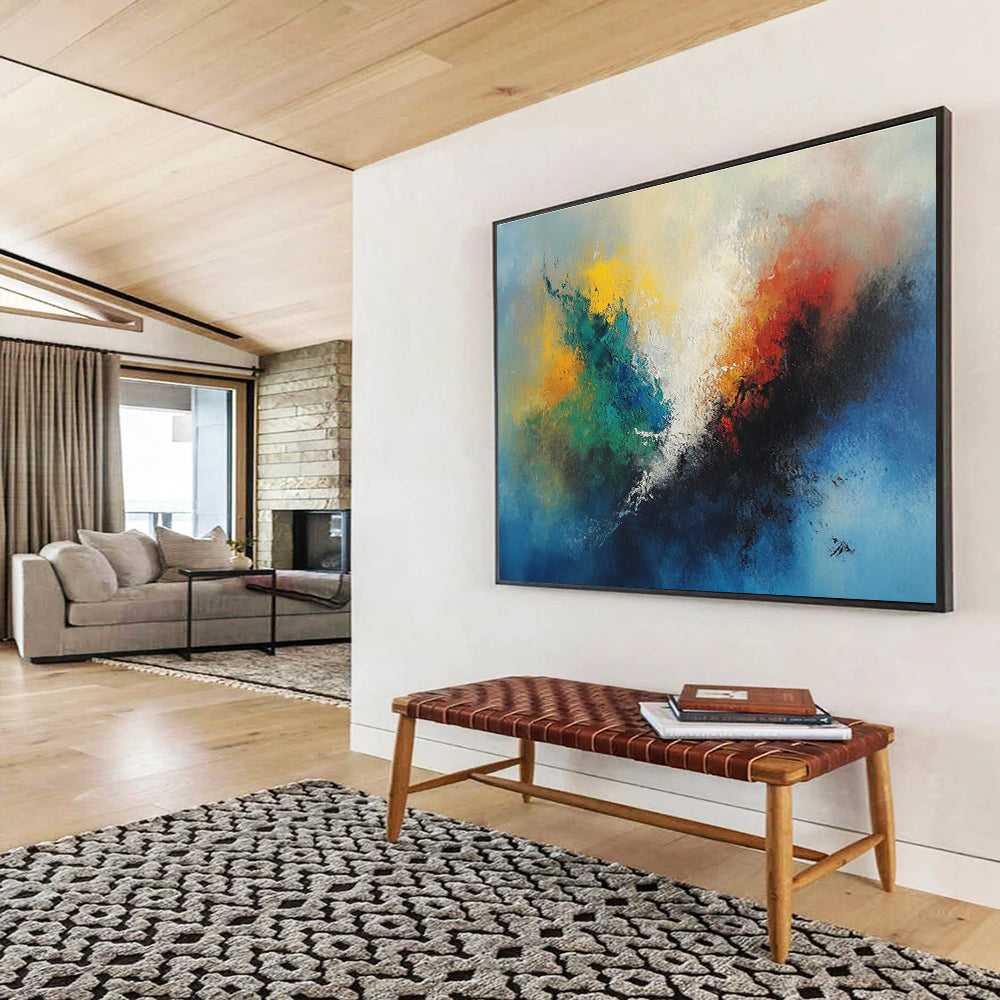 A large abstract painting featuring vibrant colors with a central fire-like figure and serene sky blue background.SC323