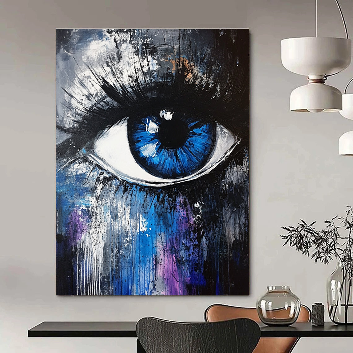 Large abstract painting featuring a blue and white iris with expressive brush strokes and a dark gray background accented by blue and purple.STSC647