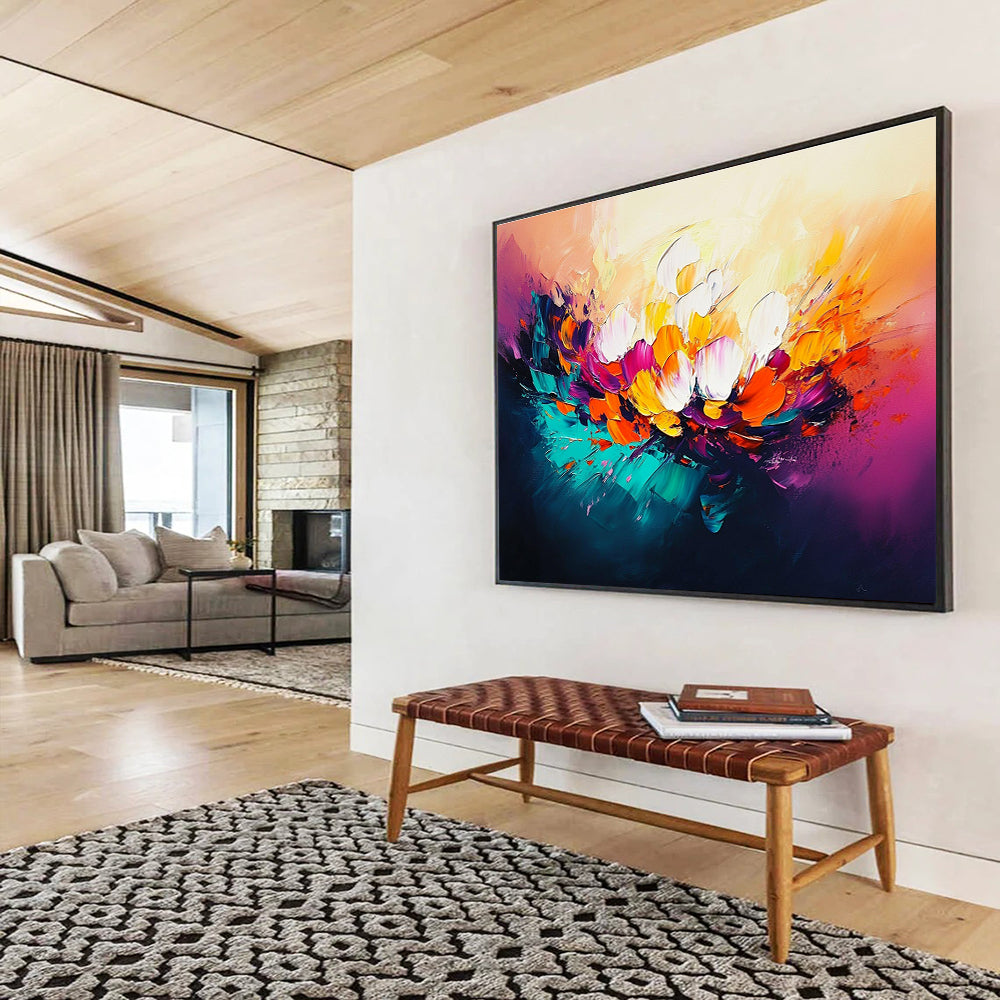 Large abstract oil painting of flowers in vibrant orange teal magenta with expressive brushwork and glowing lights creating a dynamic composition.SC320