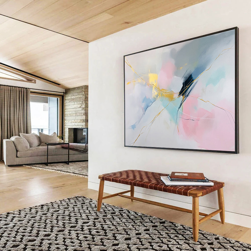 Large abstract painting featuring soft colors on white background with pink blue hues and gold accents delicate strokes create serene shapesSC282