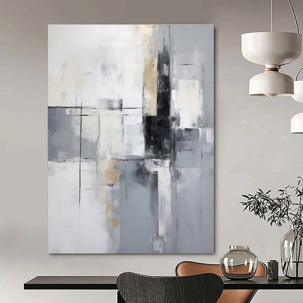 Gray and Gold Geometric Abstract Painting with Black Accents ADGE138
