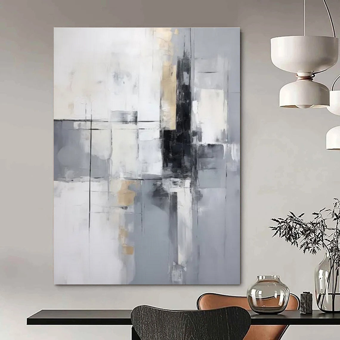 Gray and Gold Geometric Abstract Painting with Black Accents ADGE138