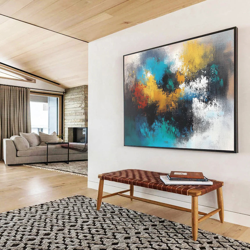 Large abstract painting featuring vibrant colors and fluid shapes perfect for modern home decor. Enhance your space with unique artistic flair.SC625