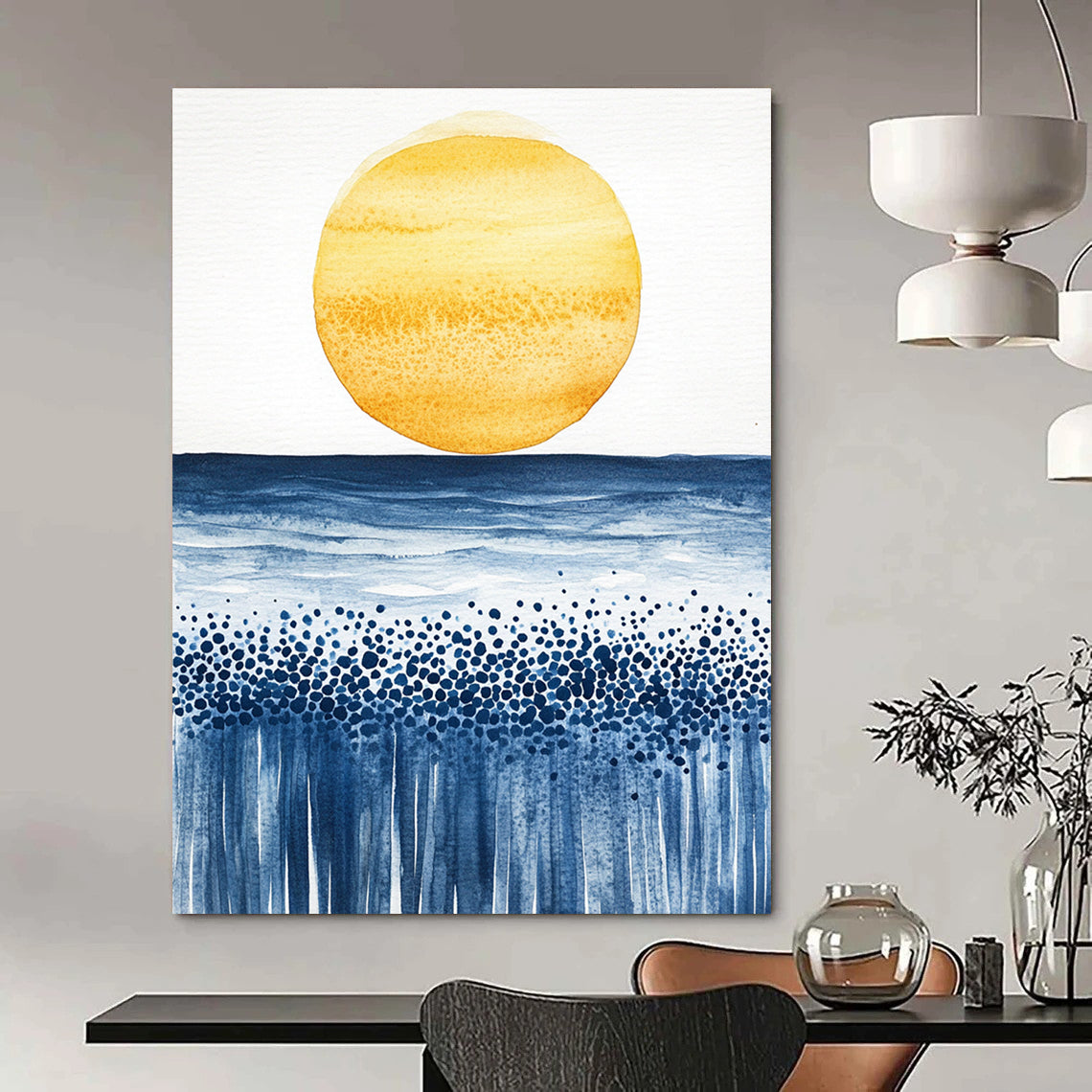 Abstract watercolor painting of a sun rising over the ocean with minimalist yellow and blue tones on textured paper.STSC505