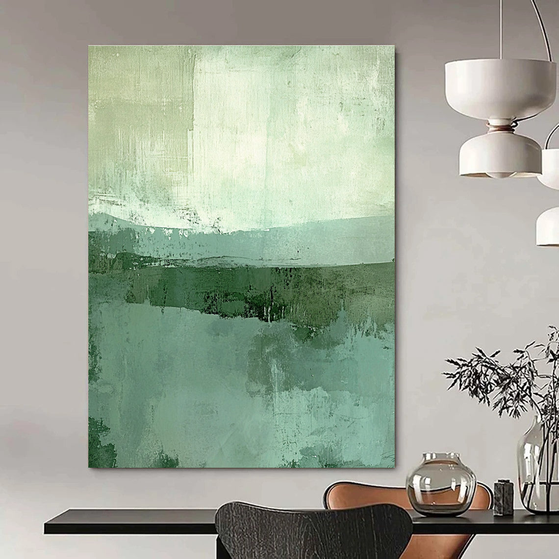 Large abstract painting featuring pale green and blue colors with a vintage feel inspired by Gentle Art.STSC115